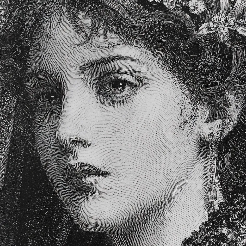 A close-up, black and white engraved portrait of a young woman.  Her dark hair is styled up, adorned with a floral crown.  She wears delicate dangling earrings. The detailed engraving emphasizes her expressive eyes, soft features, and pensive expression.  The image possesses a classic, almost ethereal quality.