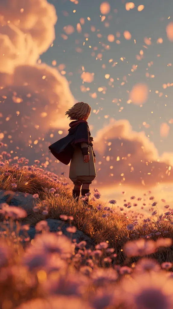 A young person with short blonde hair stands on a hill overlooking a field of purple flowers.  The sky is a warm sunset orange, filled with small, glowing particles.  They are wearing a tan coat and dark cape, their back to the viewer.  The scene is peaceful and evocative, suggesting a moment of quiet contemplation.