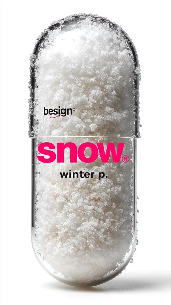 A large transparent capsule is filled with a white, crystalline substance resembling snow.  The capsule is labeled "besign" and "snow winter p." in bold pink and black lettering.  The image suggests a conceptual product, perhaps a novelty item or artistic representation of winter.  The overall aesthetic is clean and minimalist.