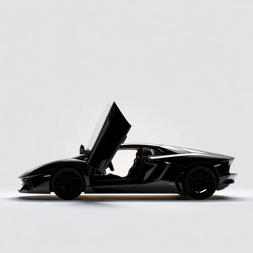 A sleek, black Lamborghini Aventador is showcased against a minimalist white backdrop.  Its scissor doors are dramatically open, revealing the empty interior. The car's profile is sharply defined, highlighting its aerodynamic design and powerful stance. The image emphasizes the vehicle's luxurious and high-performance nature.