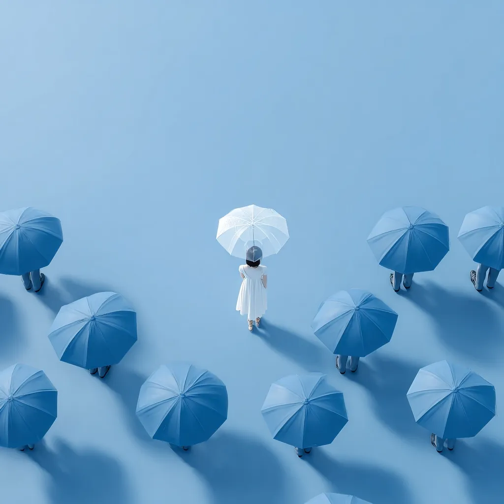 A young woman stands alone, holding a clear umbrella, amidst a group of people each holding a blue umbrella.  The scene is set against a light blue background, creating a stark visual contrast.  The image suggests themes of individuality, standing out from the crowd, or unique perspectives. The overhead perspective emphasizes the woman's isolation.