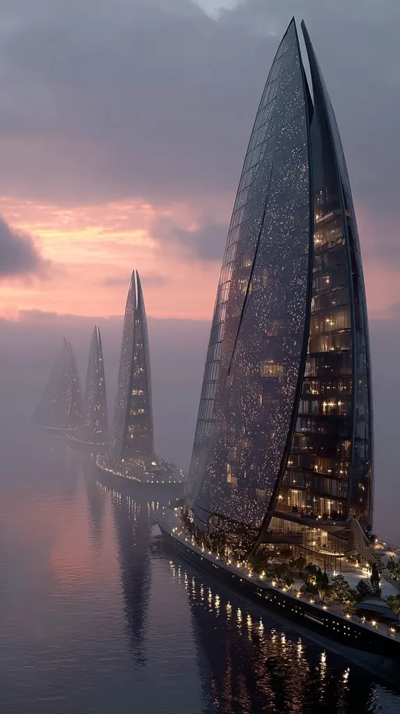A breathtaking sunset illuminates a series of futuristic, sail-shaped skyscrapers.  These elegant structures, reminiscent of sleek, dark ships, are situated along a calm body of water, their reflections mirroring the warm hues of the sky.  Smaller buildings flank the main towers, creating a cohesive and stunning architectural landscape.  The overall scene evokes a sense of calm sophistication and technological advancement.