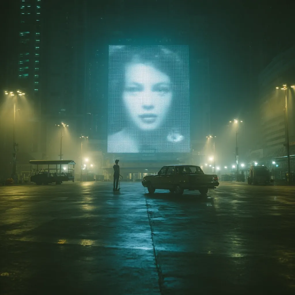 A large digital display showcasing a woman's face dominates the cityscape at night.  A lone figure stands in an empty parking lot, a car parked nearby.  The scene is shrouded in a hazy, neon-tinged atmosphere, with tall buildings and streetlights lining the background. The overall mood is futuristic and somewhat melancholic.