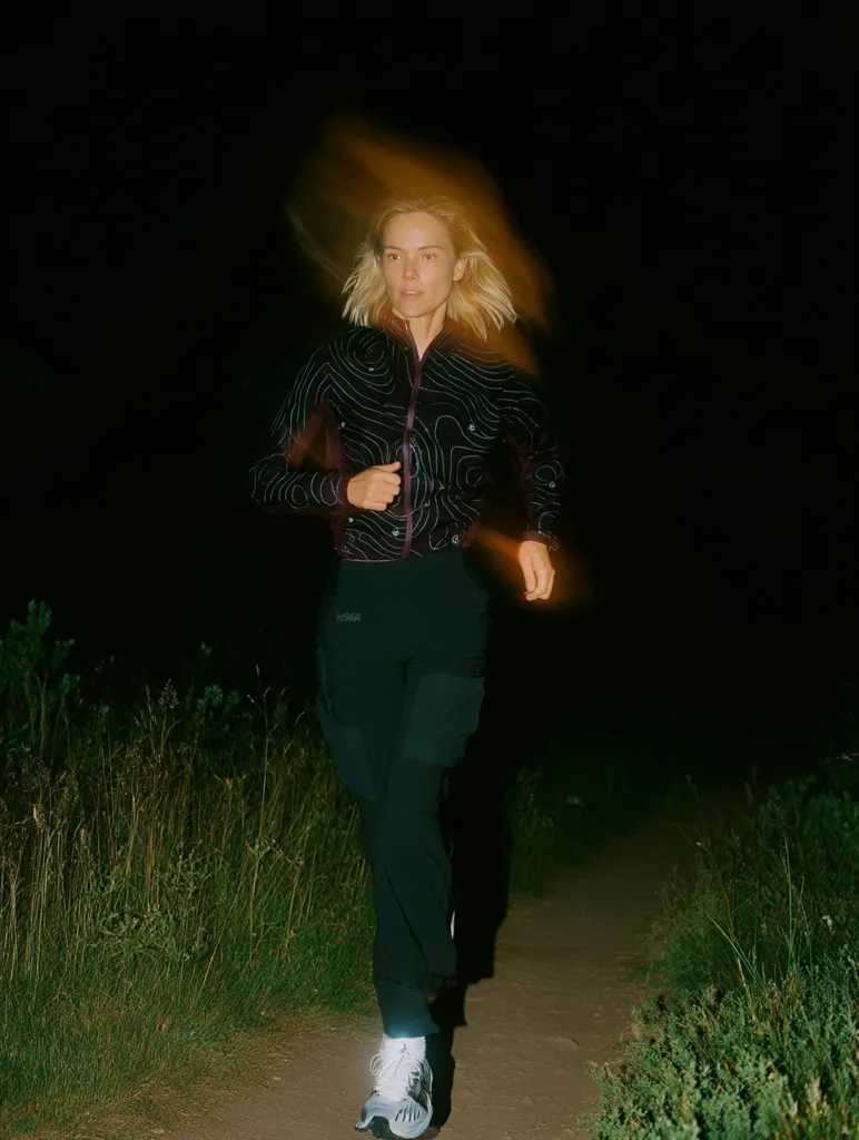 A woman with blonde hair runs at night along a grassy path.  She wears a dark, patterned jacket and dark cargo pants.  Her running shoes are light-colored, and motion blur suggests speed. The scene is dark, highlighting the runner against the night sky and vegetation.  The overall impression is one of nighttime athletic activity.