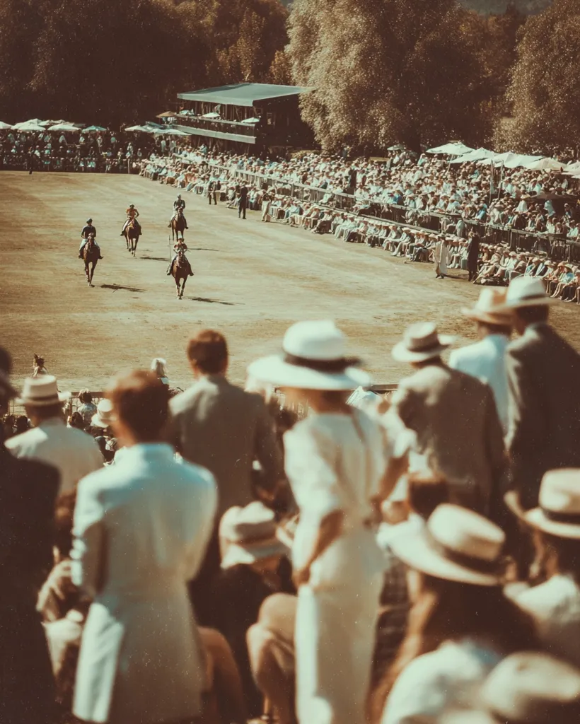A polo match unfolds on a sun-drenched field, with four players on horseback competing.  Spectators, elegantly dressed in summer attire and hats, fill the stands, creating a vibrant scene of social gathering. The background showcases lush greenery and a clubhouse. The overall atmosphere is one of relaxed sophistication and summer leisure.