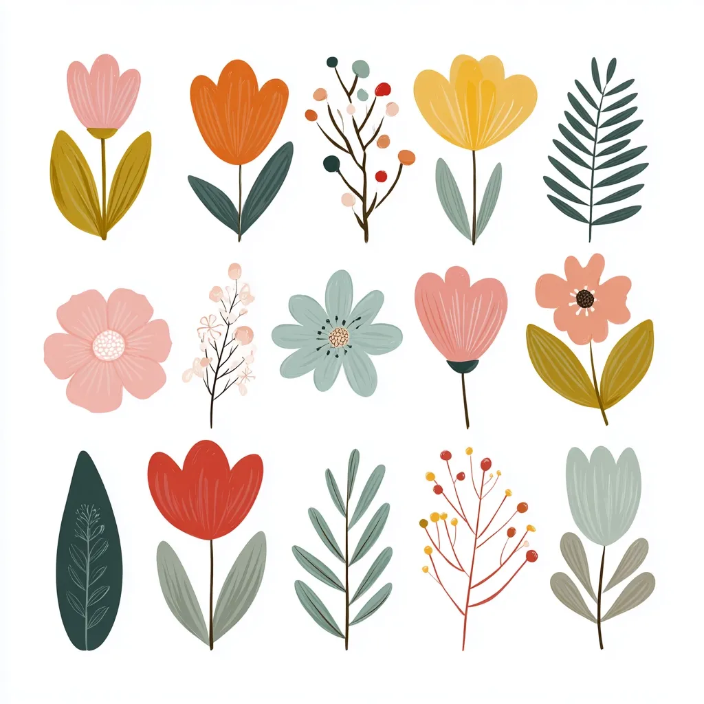 A collection of twelve stylized floral and leaf illustrations.  The designs feature a variety of flowers in pastel and warm tones, including tulips, daisies, and simpler bloom shapes.  Leaves and sprig elements complete the set, all rendered in a simple, flat style with muted color palettes.  The overall aesthetic is charming and suitable for crafting or design projects.