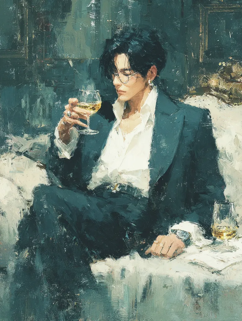 A stylized portrait of a young man in a dark teal suit and white shirt, holding a glass of amber liquid.  He wears glasses and a watch, his expression pensive. The painting is rendered in a loose, impressionistic style with visible brushstrokes, emphasizing texture and atmosphere rather than precise detail. The background is muted, suggesting an interior setting.  The overall mood is sophisticated and melancholic.