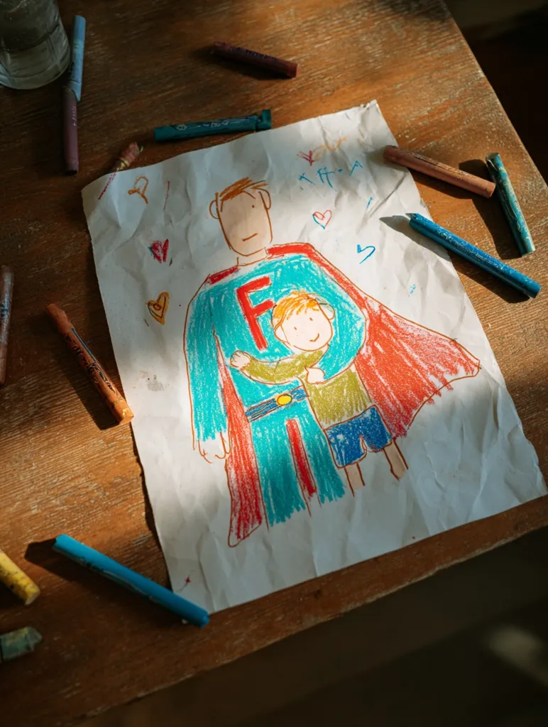 A child's crayon drawing depicts a superhero father and son. The father, wearing a teal and red cape with a large "F" on his chest, holds his son.  Scattered crayons surround the artwork on a wooden table, bathed in sunlight.  Hearts and scribbles add to the childlike charm of the drawing, a heartwarming portrayal of familial love.