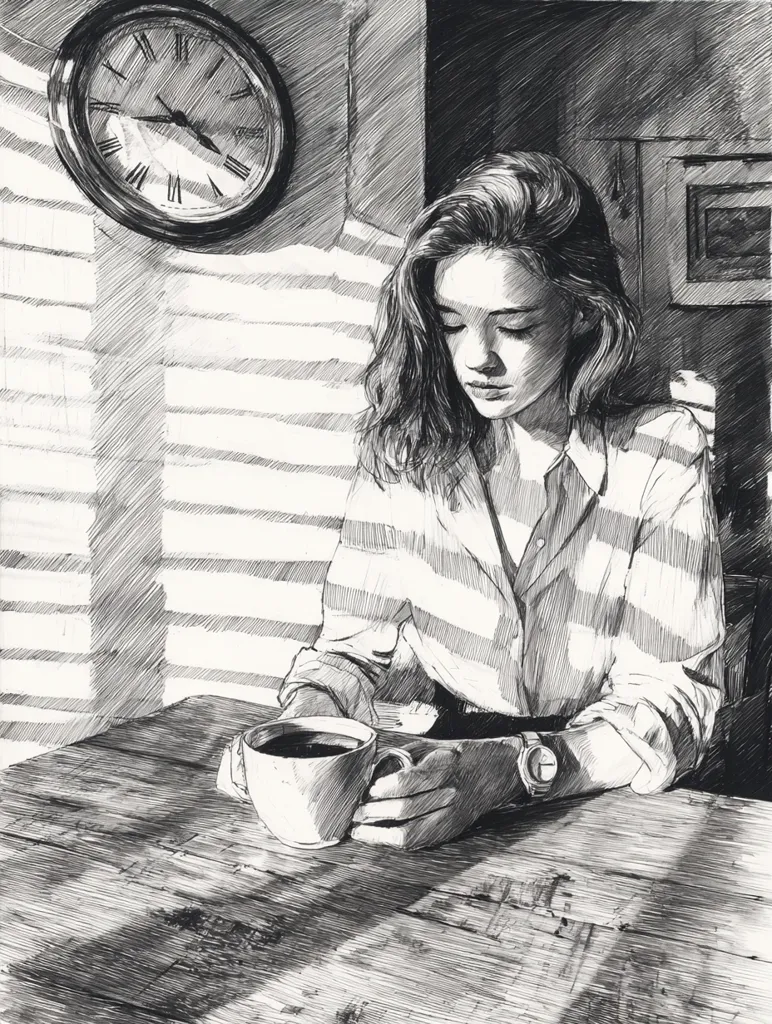 A monochromatic pen-and-ink drawing depicts a young woman with shoulder-length hair, seated at a wooden table. She's wearing a striped shirt and a wristwatch, holding a mug of coffee. Sunlight streams through a window with blinds, casting shadows across the table and the woman's face. An old-fashioned clock hangs on the wall behind her. The overall mood is contemplative and serene.