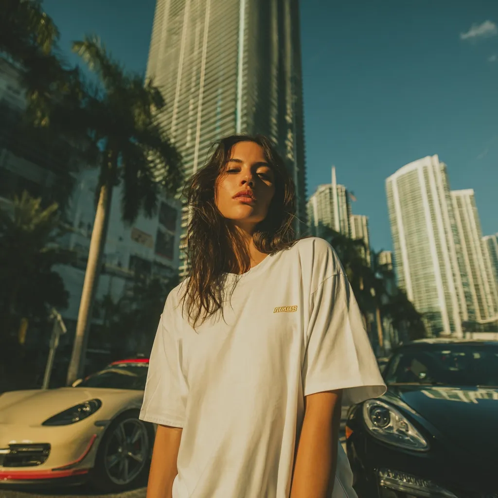 A young woman with long brown hair stands in a city setting, wearing an oversized white t-shirt with a small logo.  Tall buildings and palm trees form the backdrop.  Two luxury sports cars are partially visible behind her, adding to the urban, fashionable atmosphere.  The sun casts a warm glow, enhancing the image's aesthetic.
