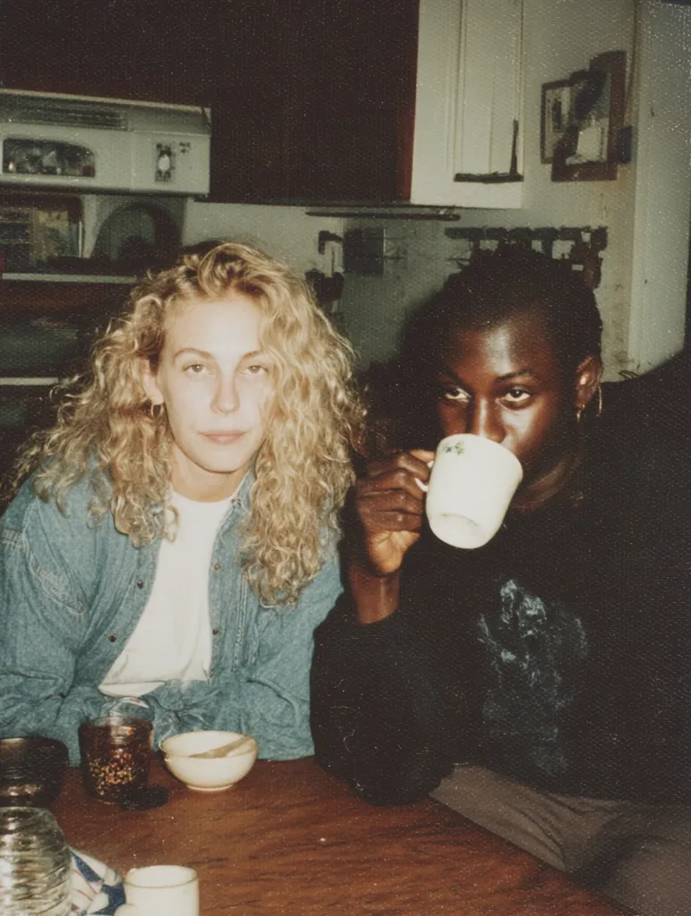 A candid photo captures a young interracial couple seated at a kitchen table. The woman, with long blonde curly hair, wears a denim shirt over a white top.  Her companion, a dark-skinned man, sips from a mug.  The setting appears casual and intimate, suggesting a moment of shared domesticity. The slightly faded and grainy quality of the image lends a nostalgic feel.