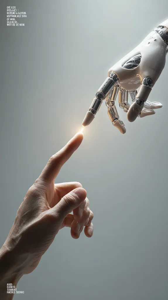 A human hand and a robotic hand reach toward each other, their fingertips almost touching.  A small, bright light emanates from the point of near-contact. The image suggests a connection or interaction between humanity and artificial intelligence. The background is a muted grey, focusing attention on the central interaction. The overall mood is one of thoughtful contemplation.