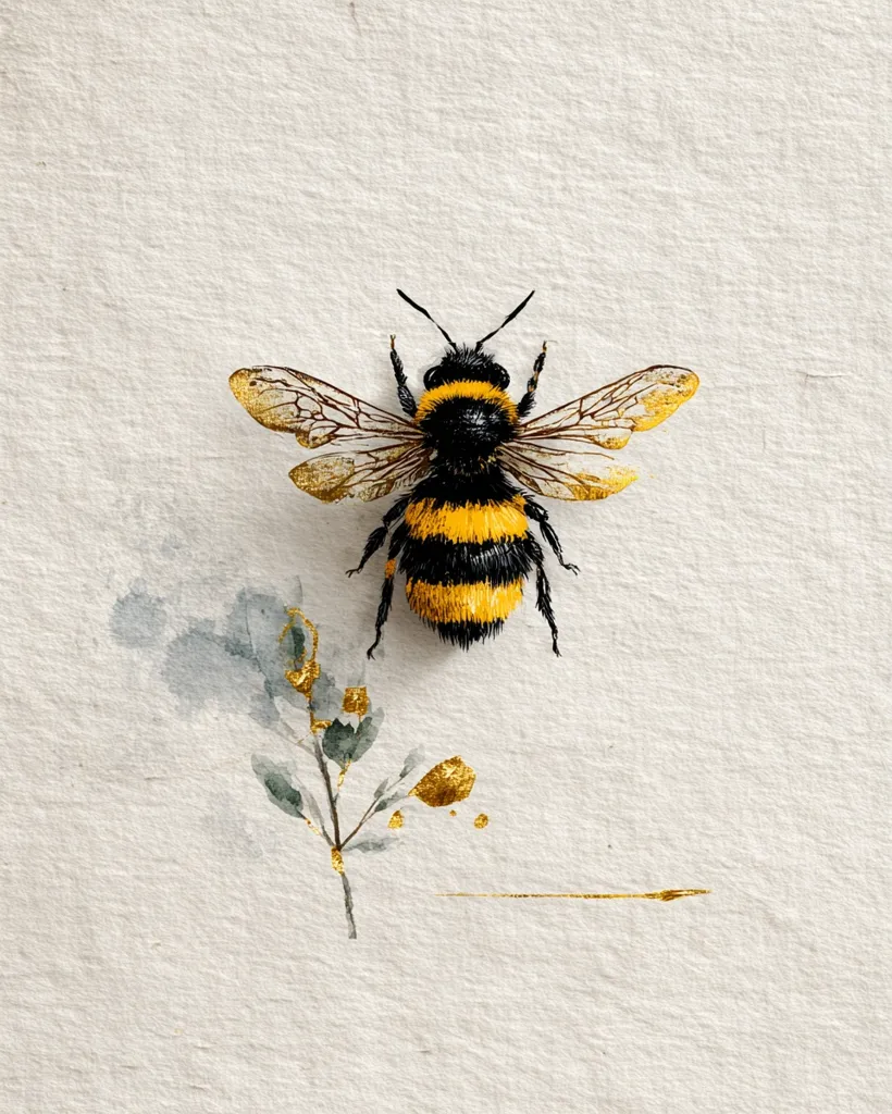 A detailed illustration of a bumblebee, rendered with realistic texture and gold accents on its wings.  The bee is positioned centrally against a textured off-white background. Below, a delicate watercolor rendering of a sprig with gold leaf details adds a touch of artistic flair, creating a visually appealing and harmonious composition.