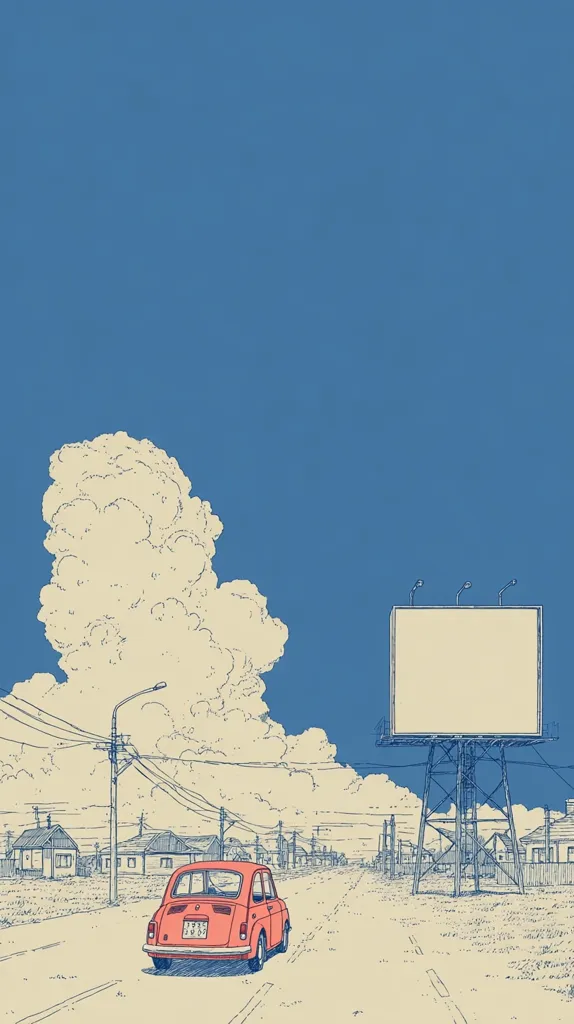 A minimalist illustration depicts a red car driving on a road towards a large blank billboard under a bright blue sky.  Small houses line the street, and a large, fluffy cloud dominates the left side of the scene. The overall style is simple line art with muted pastel tones, evoking a serene, nostalgic atmosphere.  The empty billboard adds a sense of mystery or potential.
