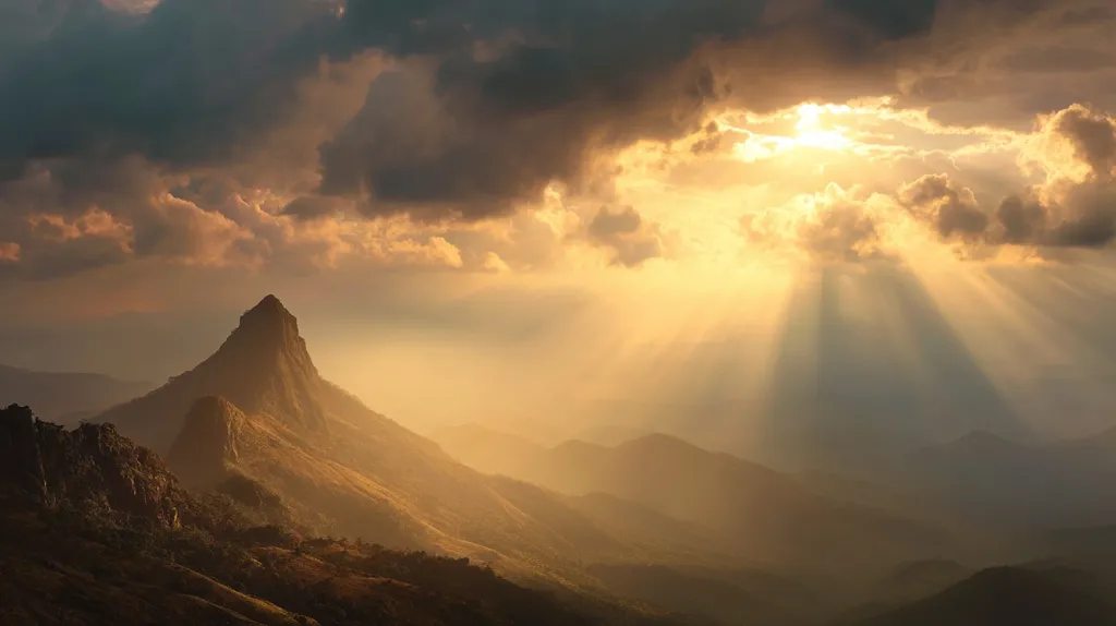 A majestic mountain peak is bathed in the golden light of a dramatic sunset.  Crepuscular rays pierce through a partly cloudy sky, illuminating the rolling hills and valleys below.  The scene evokes a sense of awe and tranquility, showcasing the beauty of nature's grandeur.  The contrast between the dark clouds and the bright sunlight creates a breathtaking spectacle.
