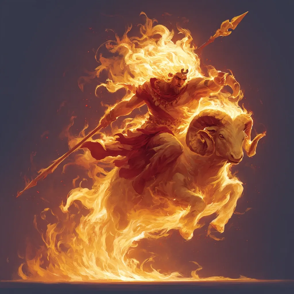 A powerful warrior, his hair and body engulfed in flames, rides a fiery ram.  He wields a spear, his expression determined.  The intense orange and yellow flames trail behind them, creating a dynamic and dramatic image suggesting speed and might. The scene is set against a muted background, emphasizing the fiery figure.