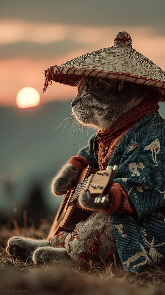 A grey tabby cat, wearing a traditional Asian conical hat and a patterned robe, sits serenely in the setting sun.  It gently cradles a small acoustic guitar, its eyes closed in peaceful contemplation.  The scene evokes a sense of tranquility and artistic expression, with the warm sunset light casting a golden hue over the cat and its surroundings.