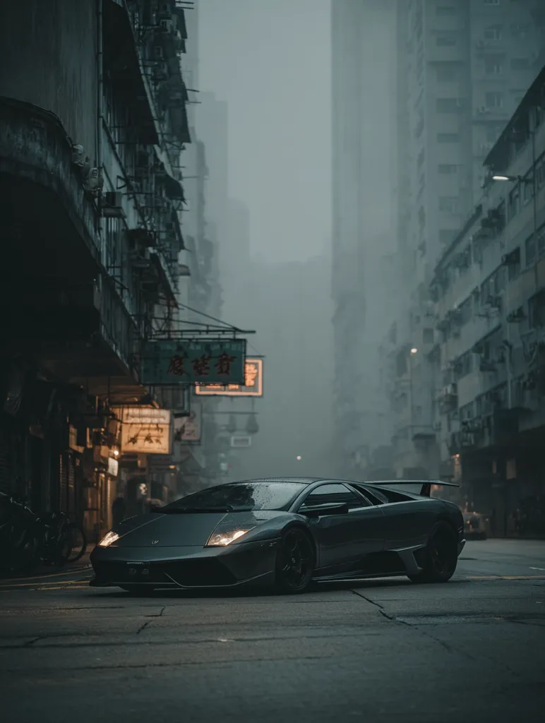 A dark gray Lamborghini Murciélago is parked on a narrow, foggy street in a dense Asian city.  Tall buildings loom on either side, their facades partially obscured by mist.  Chinese signage is visible on the buildings. The atmosphere is moody and atmospheric, emphasizing the contrast between the sleek sports car and its gritty urban setting.