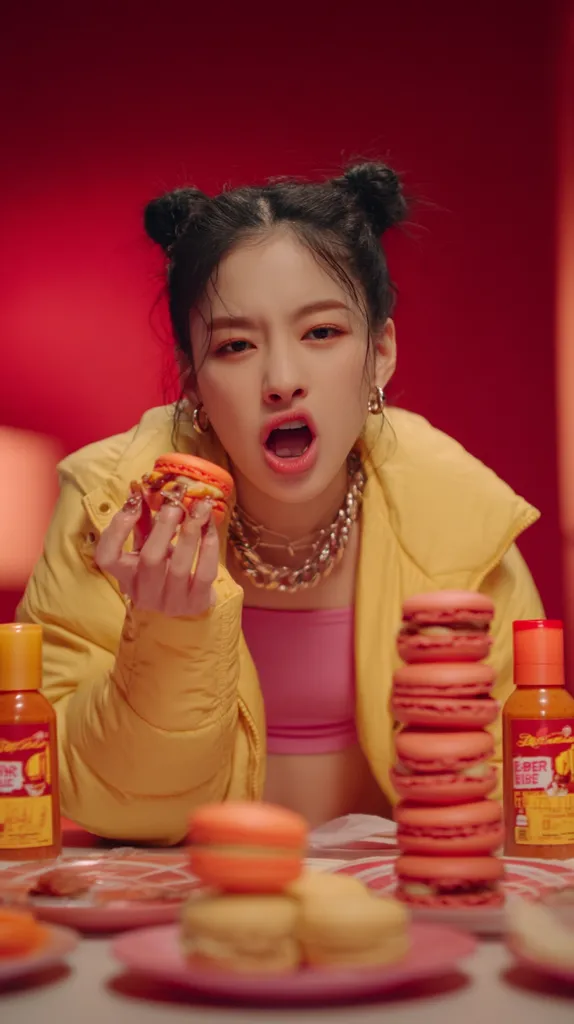 A young woman with her hair in topknot buns, wearing a yellow puffer jacket and pink top, holds up an orange macaron.  Her expression is one of playful intensity.  Several stacks of macarons and bottles of hot sauce are on a table in front of her against a red backdrop. The overall scene is vibrant and stylized.