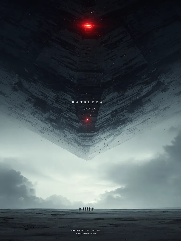 A dark, massive, inverted pyramid-like structure hovers over a desolate landscape. A small group of figures stands silhouetted on the flat ground, looking up at the ominous object.  A single, intense red light emanates from the structure's apex. The overall mood is one of mystery and impending doom.  The text "BATRLEKA" and "GAAILA" are visible on the structure.