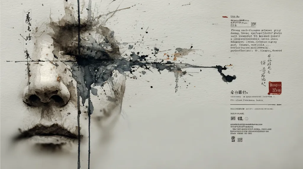 A monochrome abstract watercolor painting depicts a fragmented face, emphasizing the nose and mouth.  Black and gray splatters and lines create a sense of movement and disintegration around the facial features.  The artwork is accompanied by text in both English and what appears to be another language, possibly including artist information and title. The overall style is expressive and evocative of emotion.