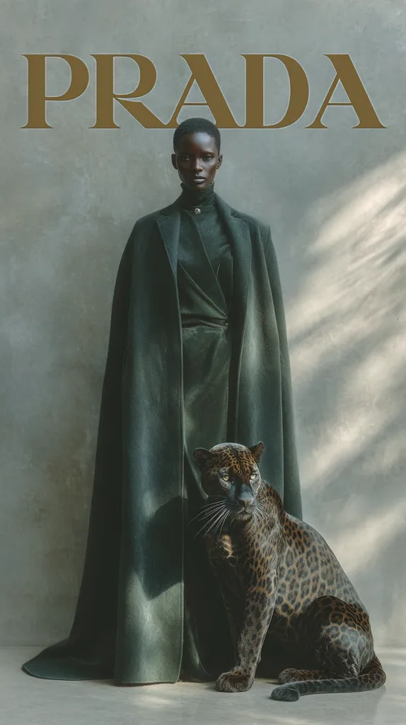 A striking fashion image showcasing a Prada campaign. A dark-skinned model, elegantly poised, wears a floor-length, deep green coat and matching dress.  Beside her sits a melanistic leopard, its dark fur contrasting against the muted background. The Prada logo is prominently displayed above. The overall mood is sophisticated and mysterious.