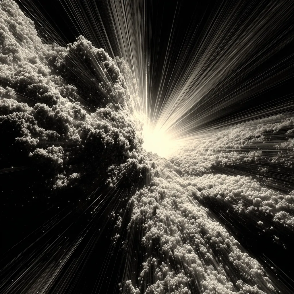 A radiant burst of light emanates from a central point, piercing through a dense, textured cloud formation.  The light creates striking, radiating lines against the dark background, resembling a celestial event or explosion.  The overall effect is dramatic and visually arresting, with a monochromatic palette emphasizing contrast and intensity.  The texture of the clouds suggests depth and complexity.
