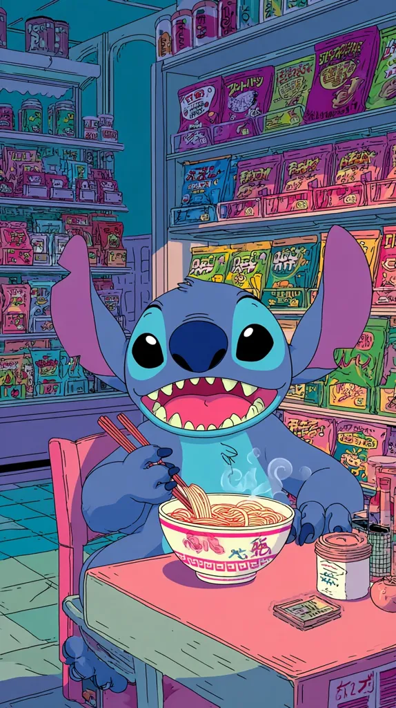 Stitch, the lovable blue alien, enjoys a steaming bowl of ramen noodles in a vibrant, anime-style convenience store.  The shelves are stocked with colorful snacks and drinks, creating a lively backdrop.  Stitch sits at a small table, happily using chopsticks, showcasing a charming and whimsical scene. The artwork features a pastel color palette and bold outlines, typical of modern aesthetic designs.