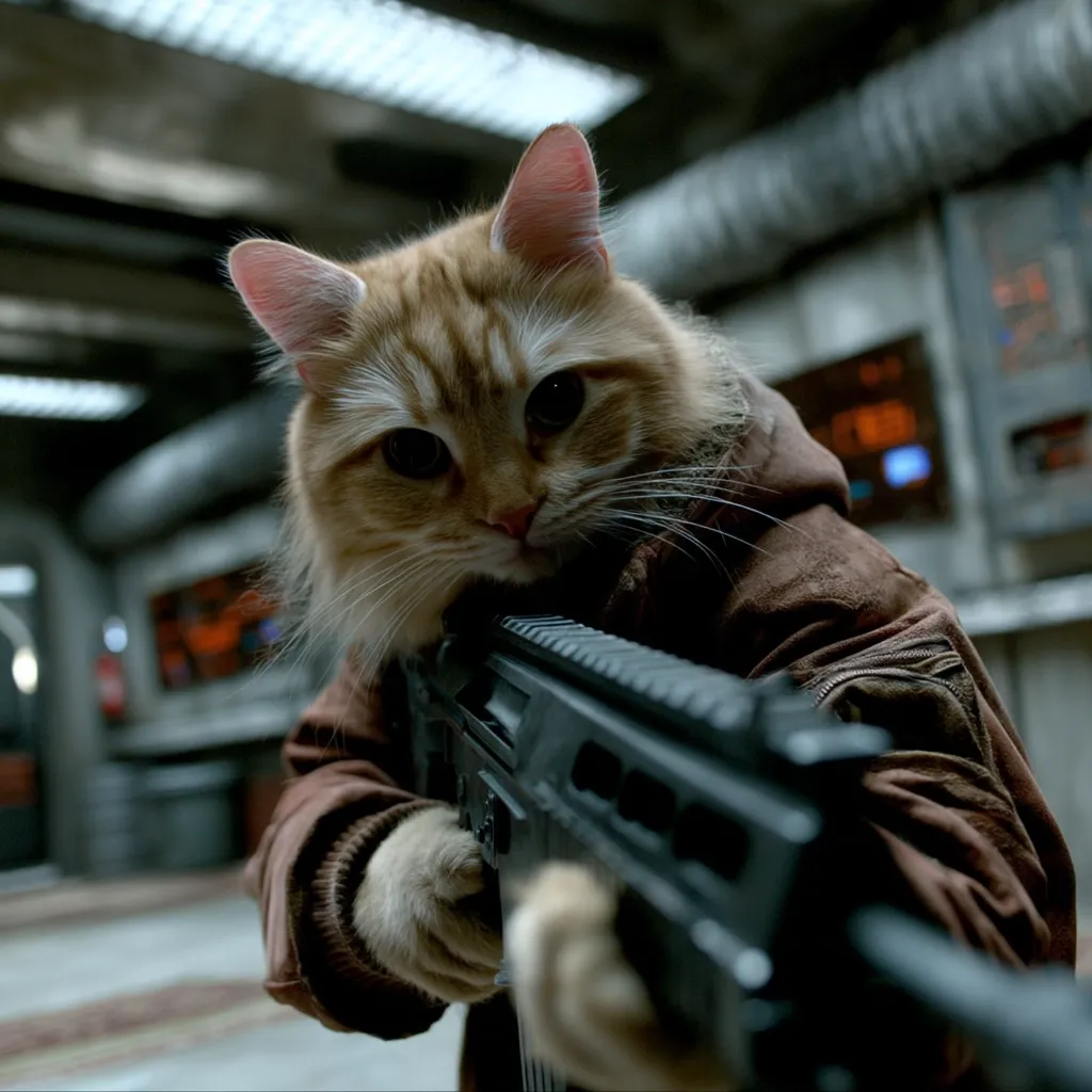 A fluffy ginger cat, wearing a brown jacket, grips a large assault rifle.  The cat's serious expression and the futuristic, metallic background suggest a scene from a science fiction film or video game. The focus is on the cat and the weapon, creating a humorous yet intense image. The cat appears to be aiming the weapon, adding to the dramatic effect.