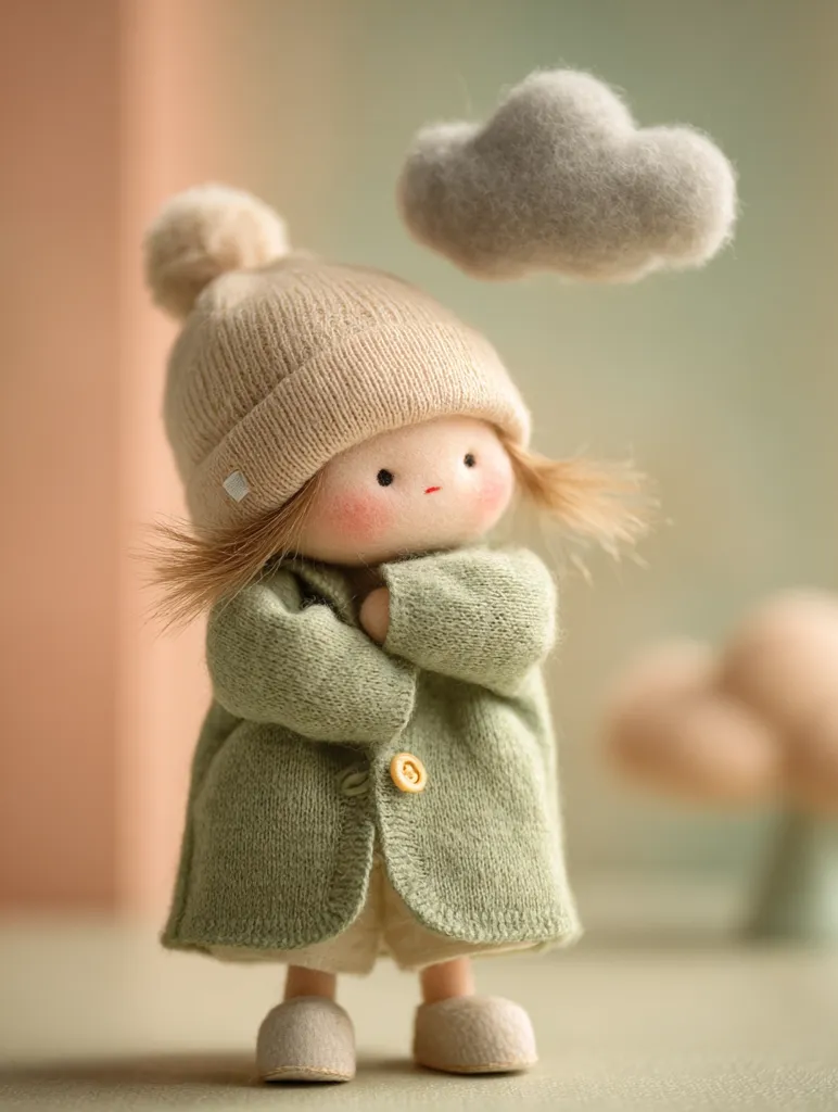 A charming handmade doll, dressed in a sage green knitted cardigan and a beige beanie with a pompom, stands against a soft, blurred background.  A fluffy gray felt cloud hovers above. The doll's face is delicately crafted, with rosy cheeks and expressive eyes, conveying a sweet and gentle demeanor.  The overall aesthetic is cozy and whimsical.