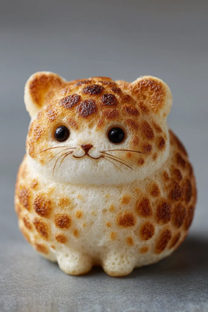 An adorable, round meringue dessert is shaped like a cat.  Its surface is textured with browned spots, resembling a leopard's coat.  Small, dark eyes and meticulously crafted whiskers add to its charming, whimsical appearance. The meringue's fluffy texture and the careful detailing create a delightful culinary artwork.