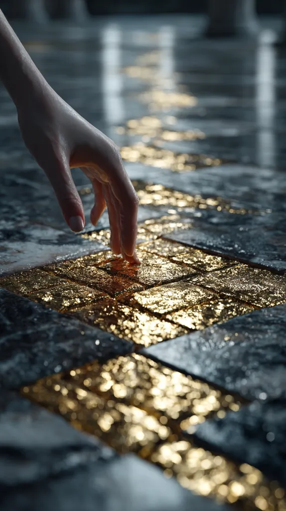 A hand gently touches a floor inlaid with shimmering gold and dark gray tiles. The gold accents form a winding path across the dark stone.  The scene is dimly lit, emphasizing the reflective quality of the gold leaf and the smooth texture of the hand. The overall impression is one of luxury and subtle mystery.