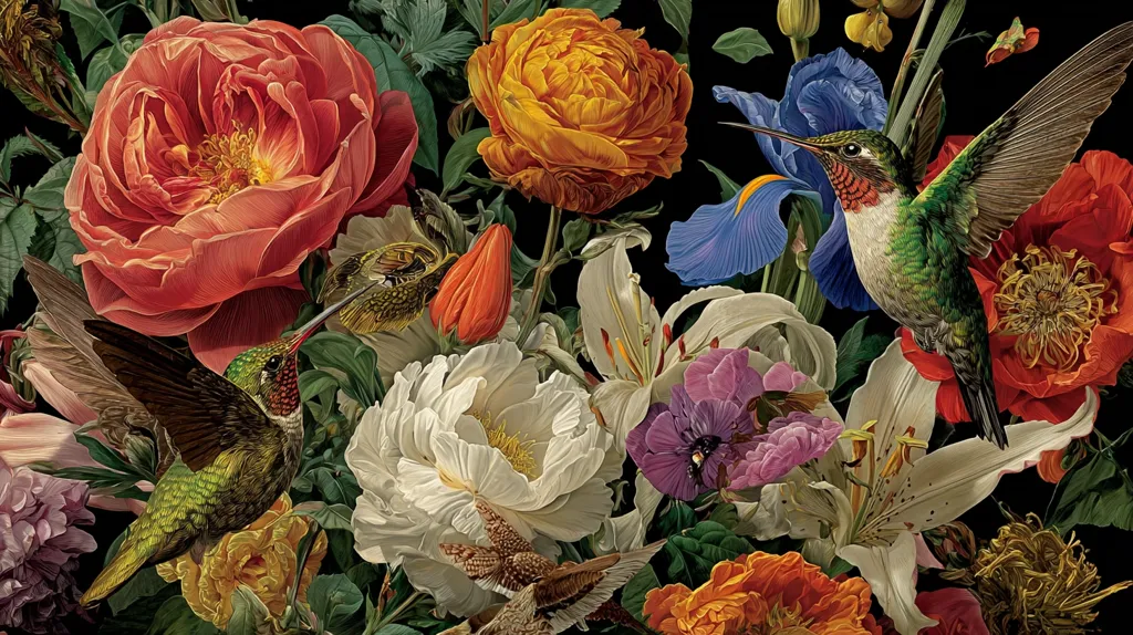 A vibrant still life painting showcases a profusion of flowers, including roses, lilies, irises, and peonies, in rich, saturated colors.  Two hummingbirds are depicted in dynamic flight amidst the blossoms, their iridescent green and ruby throats contrasting beautifully against the floral backdrop.  The painting evokes a sense of lushness and movement, capturing a fleeting moment of nature's vibrant beauty.