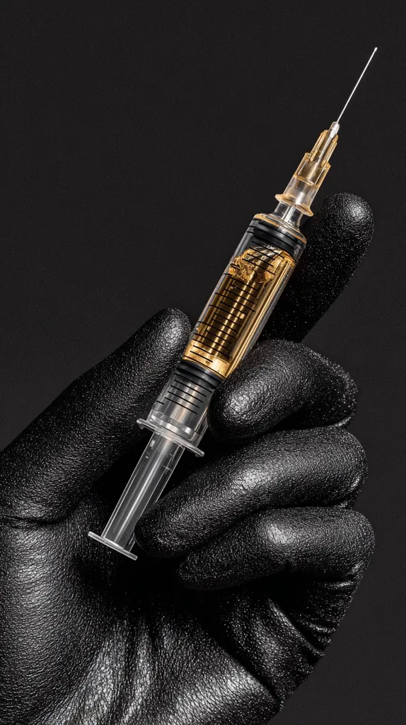 A gloved hand holds a syringe filled with a golden liquid against a dark background. The syringe is clear, revealing the contents. The glove is black leather, adding a dramatic contrast. The image evokes a sense of mystery and intrigue, possibly suggesting illicit activities or experimental treatments.  The focus is sharp, highlighting the details of the syringe and glove.