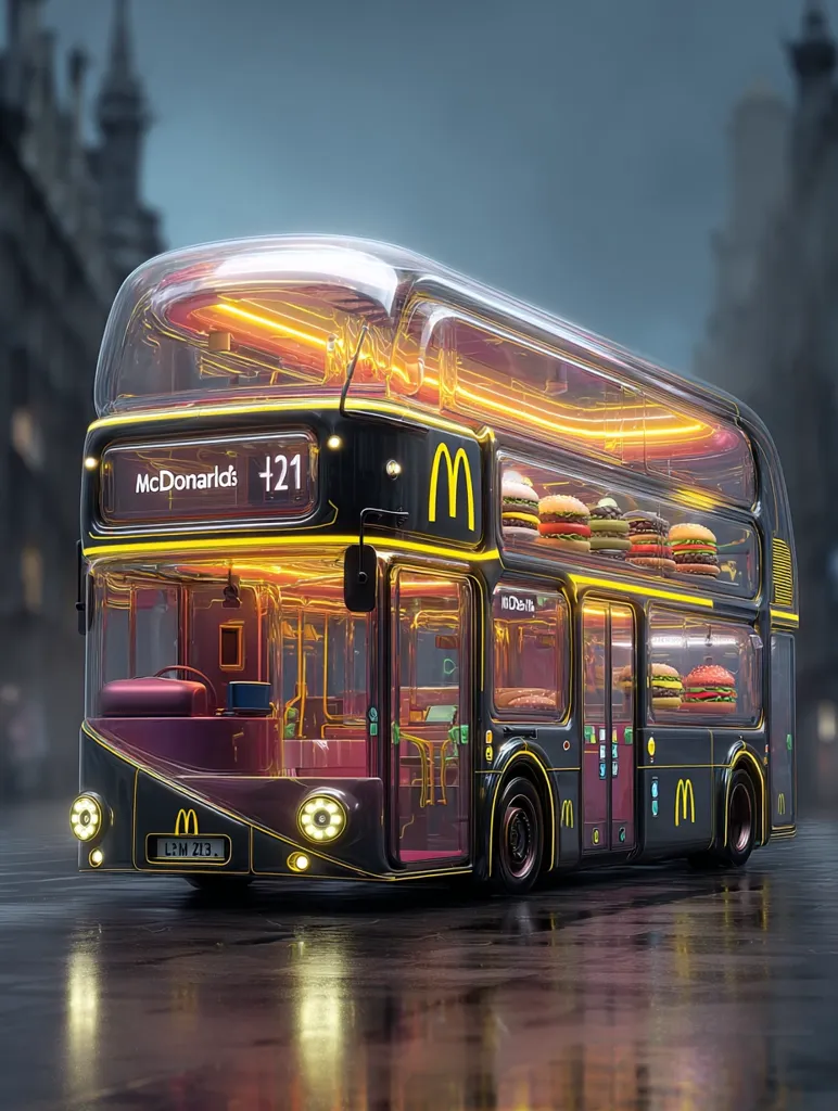 A futuristic McDonald's branded double-decker bus, transparent and illuminated with warm yellow lighting, is showcased.  The bus features a sleek, dark exterior with the McDonald's logo prominently displayed.  Burgers are visible inside, suggesting a mobile restaurant concept. The wet street reflects the bus, adding to the futuristic ambiance.  The bus number is shown as "+21".