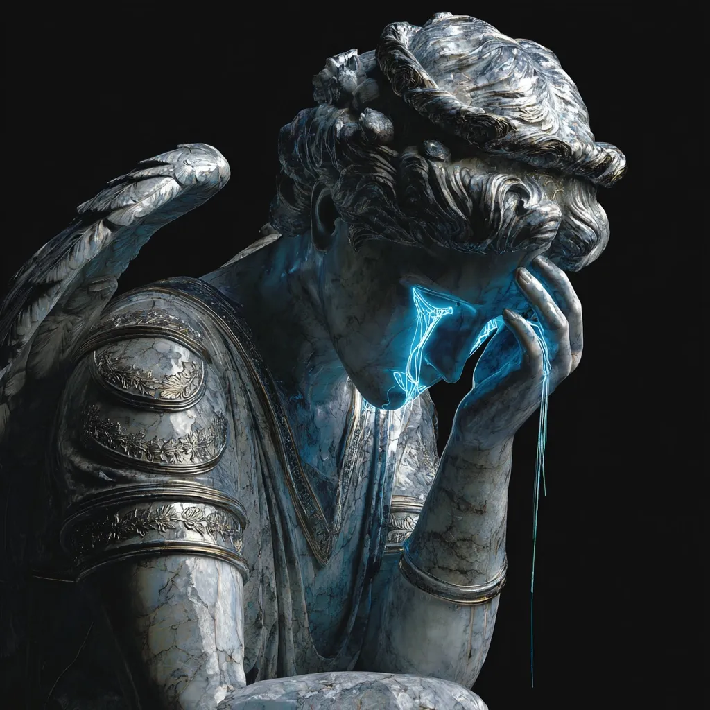 A digitally enhanced image depicts a marble statue of an angel, head bowed in sorrow.  The angel's face is partially obscured by its hand, and stylized, glowing blue tears stream down its face, contrasting with the cool grey tones of the stone.  The angel wears ornate armor detailing, and its wings are partially visible. The dark background emphasizes the statue's melancholic posture.