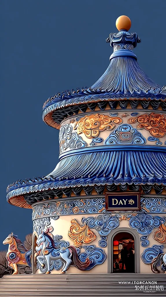 A vibrantly colored pagoda, adorned with intricate blue and gold swirling cloud patterns, stands against a deep blue sky.  The structure features sculpted horses on its lower levels, and a sign reading "DAY" is visible near a small window. The architectural style is distinctly East Asian, with layered roofs and decorative details. The image is stylized, with a painterly effect enhancing the colors and textures.