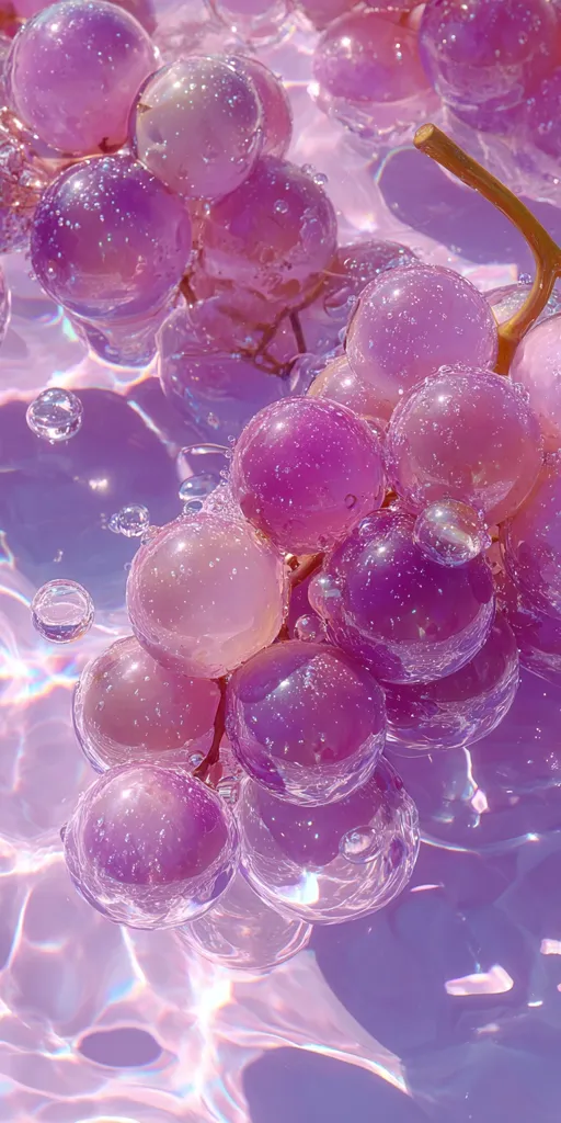 A bunch of translucent purple grapes submerged in water.  The grapes are glistening, and air bubbles rise around them. The water shimmers with iridescent light, creating a dreamy, ethereal effect. The overall image is vibrant and visually appealing, emphasizing the glossy texture of the fruit.