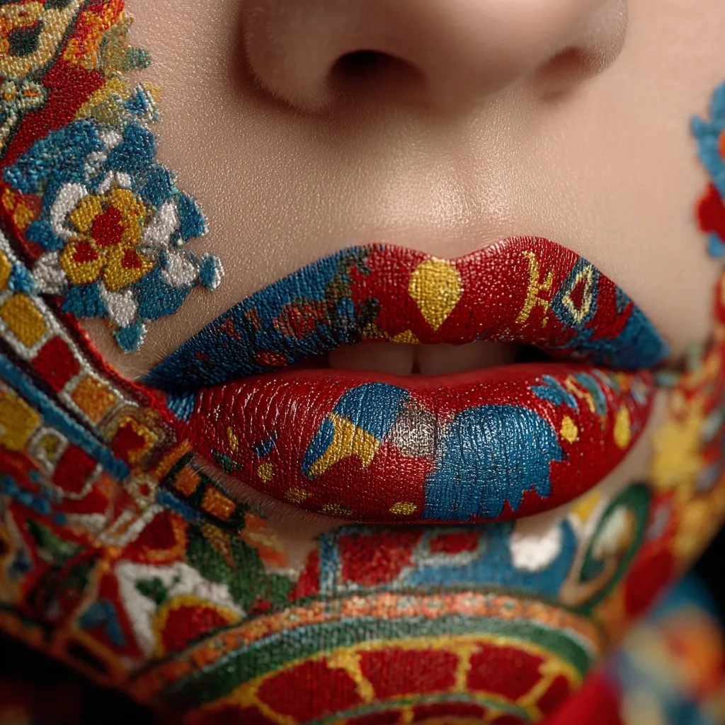 A close-up shot reveals a person's lips and face adorned with intricate, vibrant makeup. The design features a complex pattern of red, blue, and gold, resembling a tapestry or mosaic.  The detail is striking, highlighting the texture and artistry of the cosmetic application. The overall effect is bold and visually captivating.