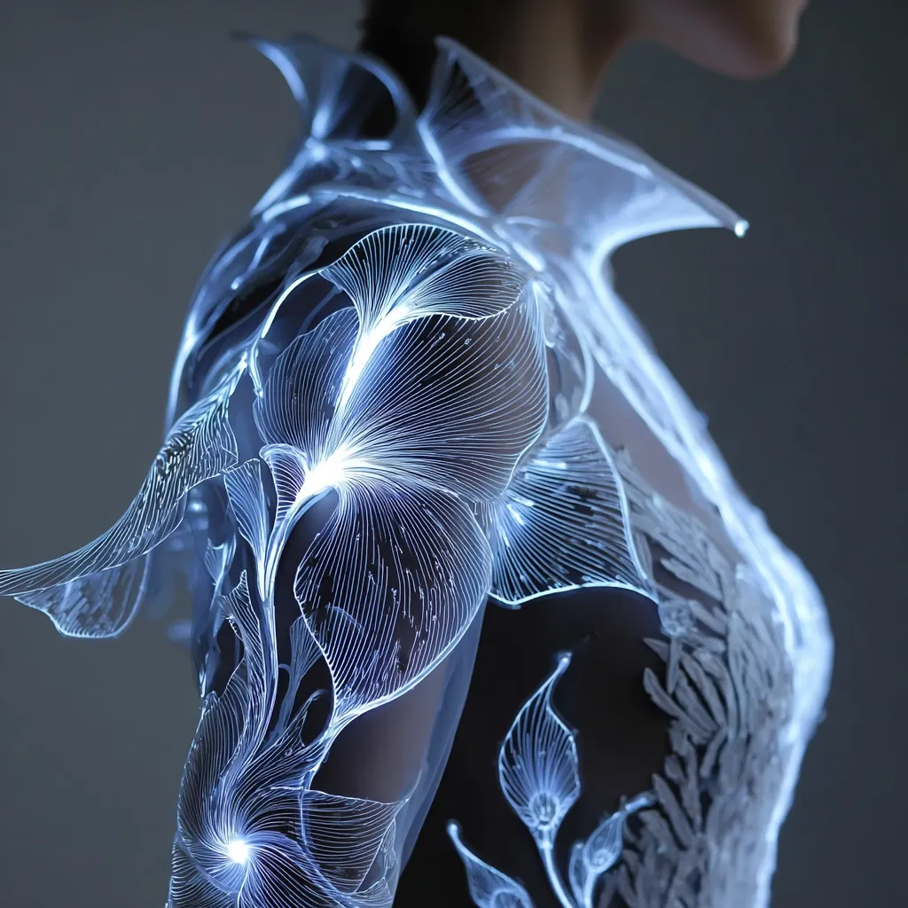 A close-up reveals a futuristic garment adorned with luminous floral patterns.  The sheer fabric, possibly translucent, is intricately designed with glowing lines forming delicate blossoms. The ethereal glow emanates from within the fabric, creating a captivating and otherworldly effect. The garment appears to be a dress or top, showcasing a modern and innovative approach to fashion design.