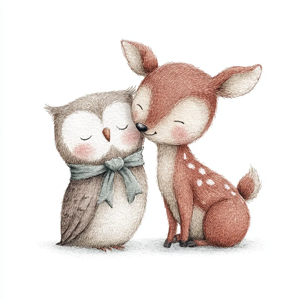 A charming watercolor illustration depicts a fawn and an owl nestled together. The fawn, with its gentle expression and spotted coat, rests its head affectionately on the owl.  The owl, wearing a soft teal scarf, appears serene and content. The muted color palette and soft textures create a heartwarming and whimsical scene.