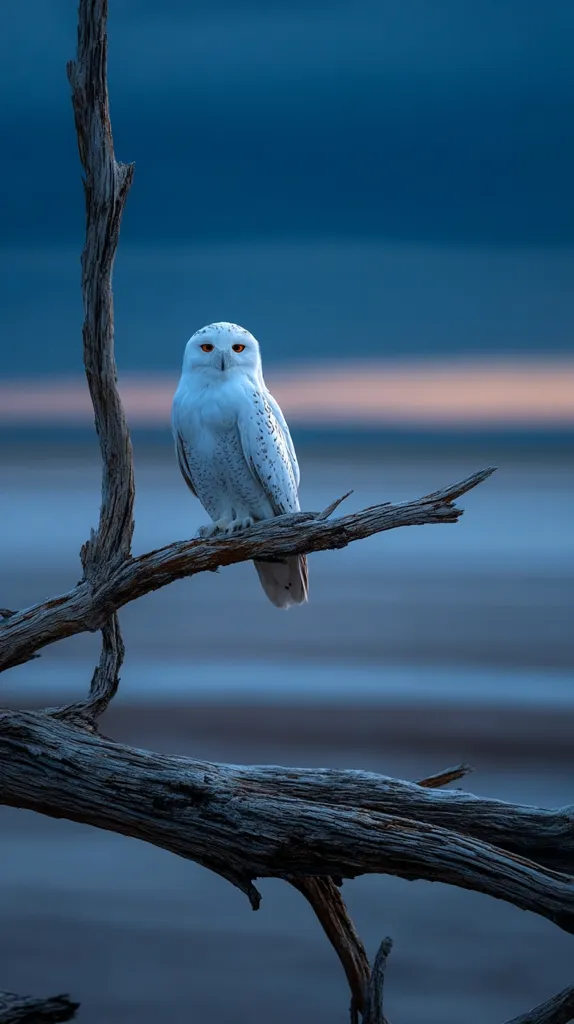 A snowy owl perches majestically on a weathered, grey branch against a serene twilight backdrop. The owl's white plumage contrasts beautifully with the dark, moody sky and blurred, muted background.  The scene evokes a sense of calm and solitude, highlighting the owl's quiet grace.  The branch extends across the foreground, drawing the viewer's eye to the regal bird.