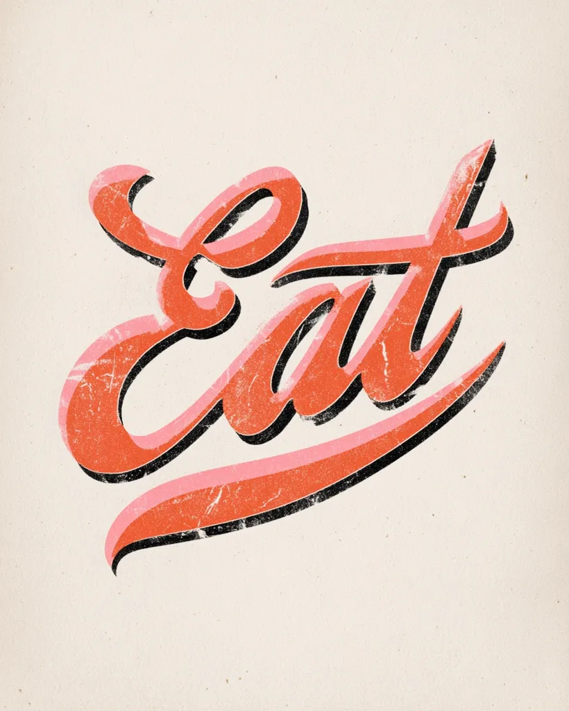 The image features a stylized vintage design of the word "Eat".  The lettering is in a coral-orange with a black outline, giving it a retro feel.  A subtle textured background suggests a worn, possibly printed, surface. The word is rendered in a bold, flowing script, evoking a sense of appetite and casual dining.