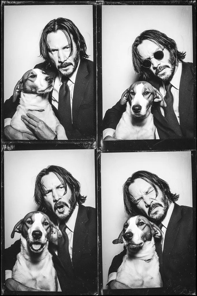 A black and white photostrip features Keanu Reeves posing with a dog.  The four images show variations of expressions: Reeves looking serious, smiling, and surprised, while the dog displays corresponding reactions.  The setting appears to be a photo booth, lending a casual and playful feel to the images. Reeves is dressed in a suit, further enhancing the contrast with the dog's relaxed demeanor.