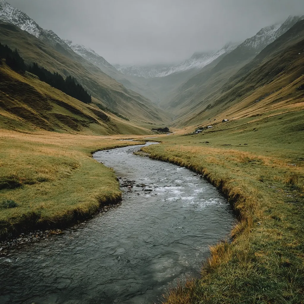 A serene river meanders through a verdant valley nestled between snow-capped mountains.  The overcast sky casts a muted light on the lush green grasslands.  A few small structures are visible in the distance, adding a touch of human presence to the otherwise untouched landscape. The scene evokes a sense of tranquility and the raw beauty of nature.