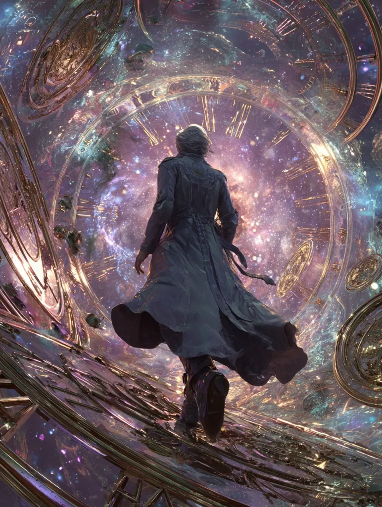 A lone figure, cloaked in a long grey coat, walks away from the viewer down a path. The path is a colossal, ornate clock face, its gears and Roman numerals gleaming golden against a backdrop of swirling nebulae and starlight. The scene is surreal and dreamlike, suggesting a journey through time and space, possibly into an unknown future.  The vastness of the cosmos contrasts with the individual's small scale, emphasizing a sense of wonder and mystery.