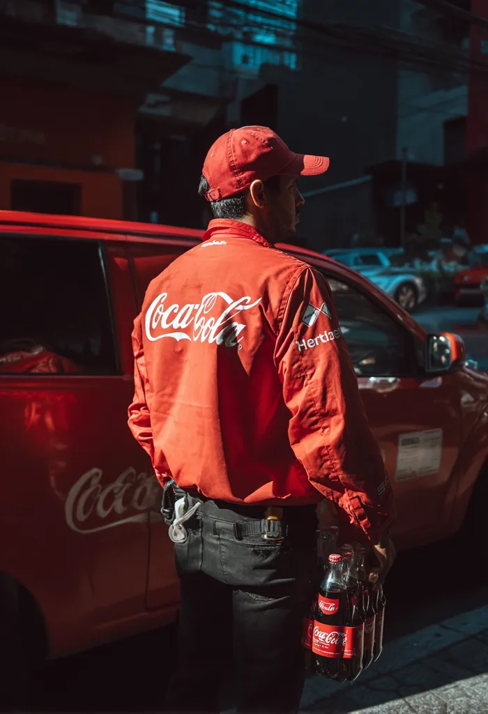 A Coca-Cola delivery person, wearing a red jacket with the Coca-Cola logo, stands next to a red van.  The van is also branded with the Coca-Cola logo. The person is carrying a six-pack of Coca-Cola bottles. The scene is set on a sunny city street.  The background is slightly blurred, showcasing urban architecture and other vehicles.