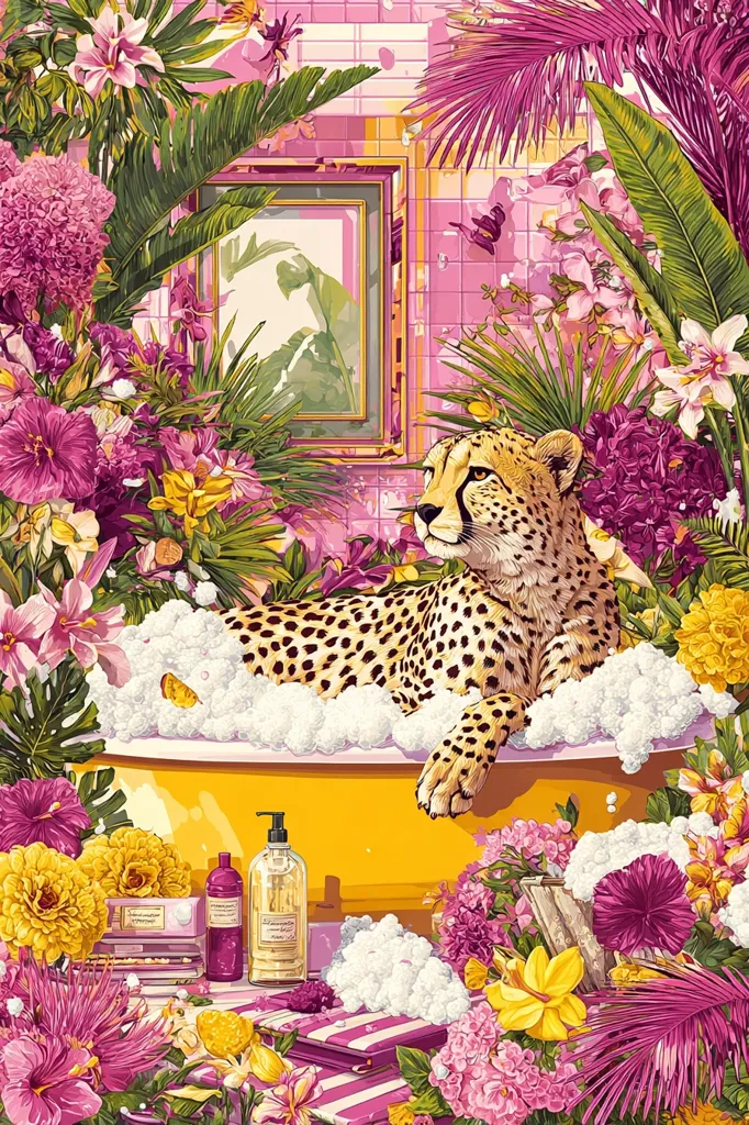 A cheetah luxuriates in a yellow bathtub surrounded by lush, vibrant pink and yellow flowers.  The bathroom's pink tile walls and a framed picture add to the opulent, tropical scene.  Toiletries sit on a nearby shelf, enhancing the luxurious spa-like atmosphere. The overall image is a vibrant, surreal depiction of a cheetah enjoying a pampered bath.