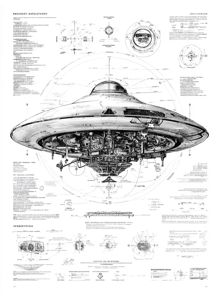 A detailed, technical drawing depicts a flying saucer, rendered in black and white.  The schematic includes cross-sections, diagrams of internal mechanisms, and annotations in a faux-technical style, suggesting a fictional design.  Surrounding the central illustration are numerous smaller diagrams and textual descriptions, enhancing the overall impression of a meticulously documented extraterrestrial craft. The style is reminiscent of vintage engineering blueprints.