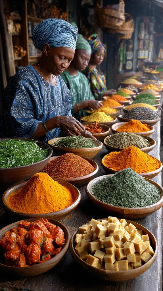 A vibrant African market scene unfolds, showcasing a woman in a blue headscarf tending to a colorful array of spices.  Surrounded by bowls overflowing with turmeric, paprika, herbs, and other ingredients, she and other women manage the bustling stall.  The rich hues and textures of the spices create a captivating visual display, highlighting the vibrancy of local commerce and culinary traditions.